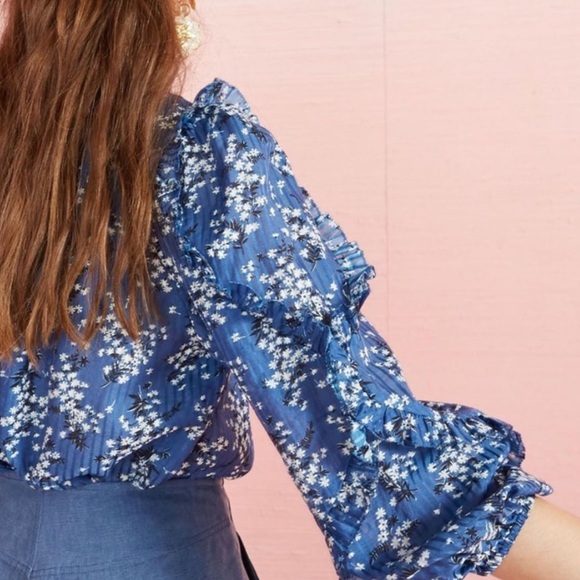 Ulla Johnson Manet Blue, White Silk Floral Ruffle Blouse Size 4 - Picture 12 of 12